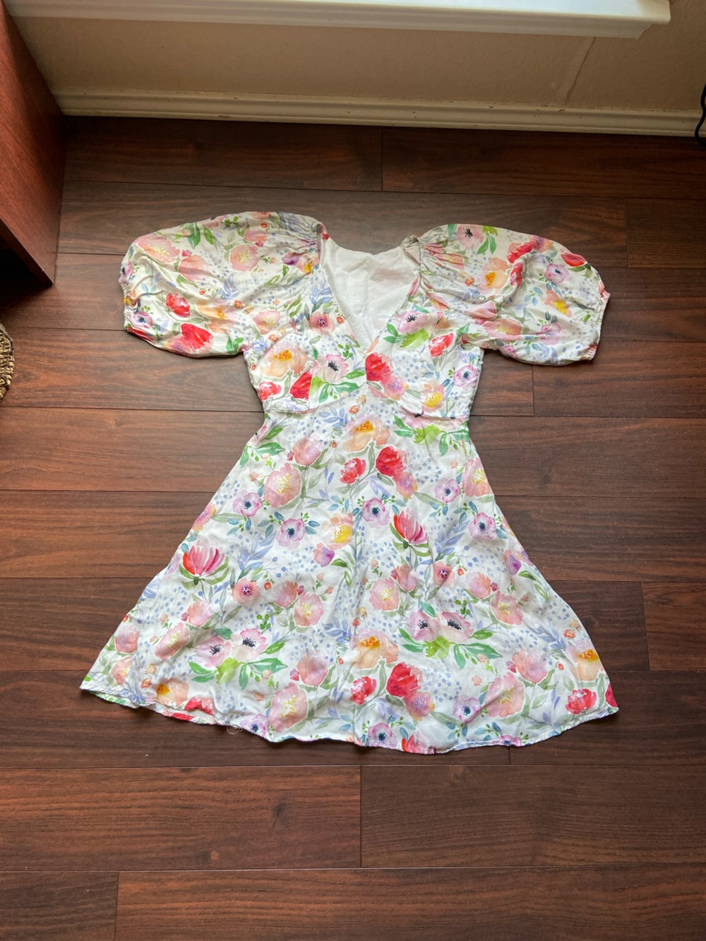FLORAL PUFF SLEEVE SIDE ZIP MINI DRESS WITH POCKETS FEMININE GARDEN SPRING S